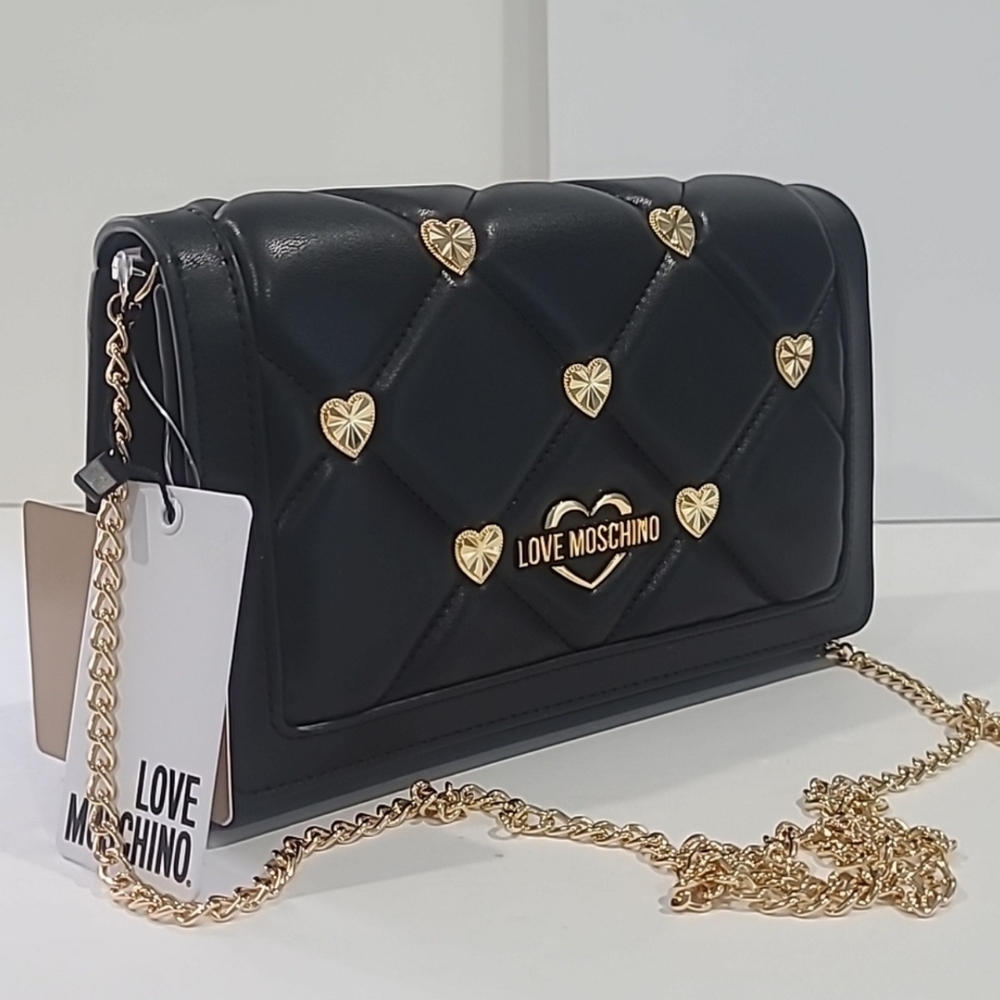Love Moschino Black and Gold Crossbody Bag with Quilted Design